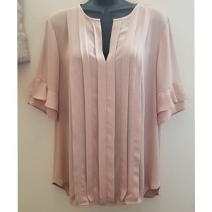 Ann Taylor Tan Pleated Ruffle Sleeve Crepe Blouse